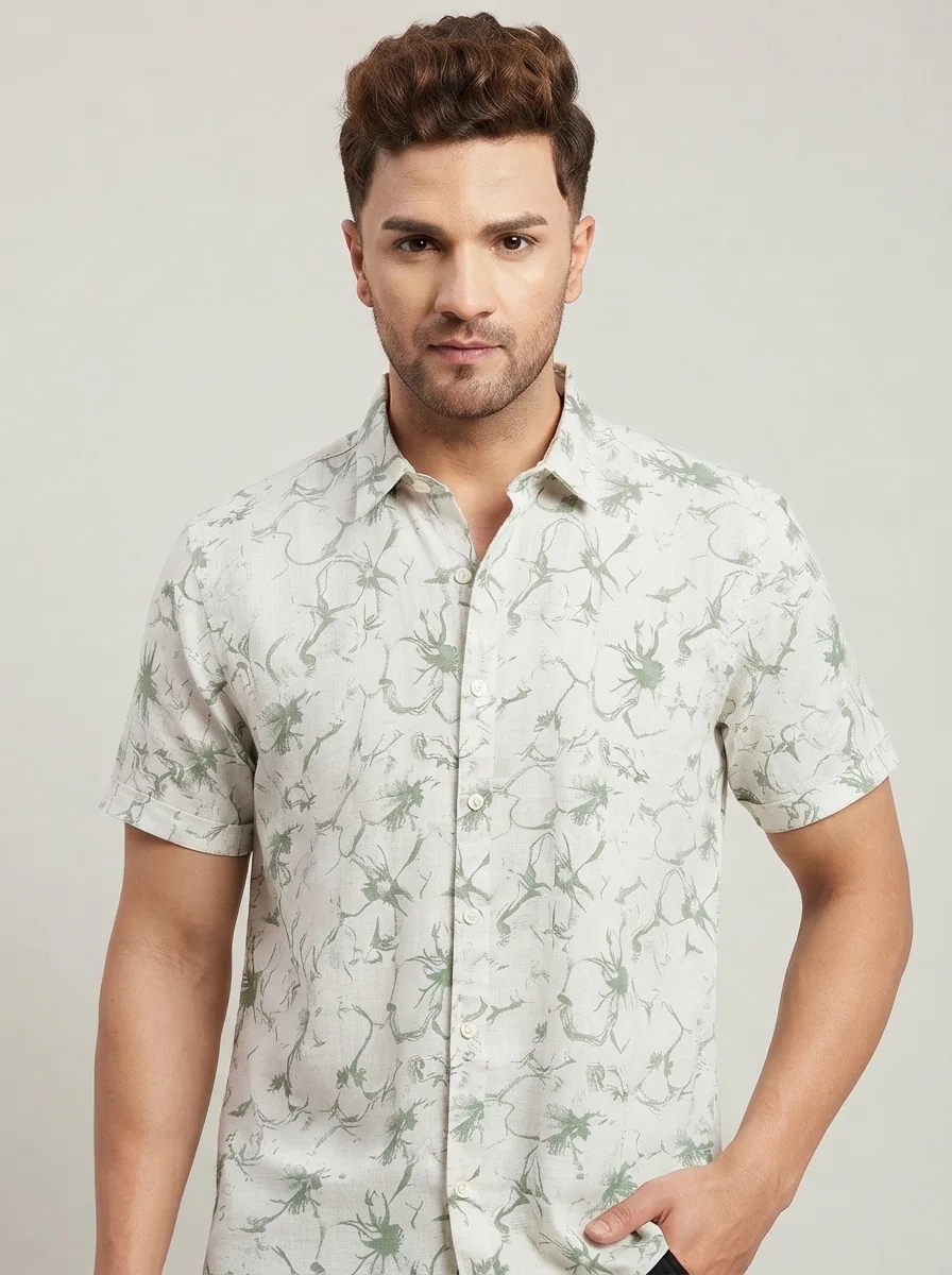 WHITE LEAF LINEN PRINT SHIRT H/S