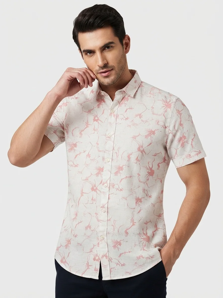 WHITE LEAF LINEN PRINT SHIRT H/S