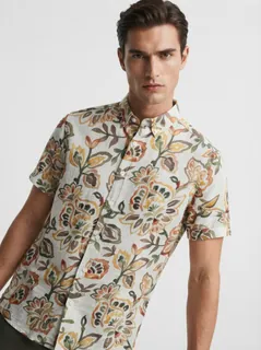 NORTH PACIFIC LINEN PRINT SHIRT H/S-L-WHITE 1